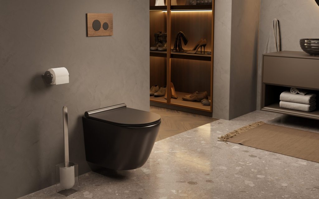 Czarna misa wc, bezkołnierzowa toaleta, miska wc bez kołenierza